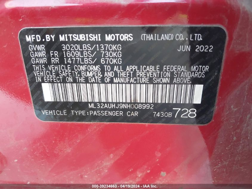 2022 Mitsubishi Mirage Es VIN: ML32AUHJ9NH008992 Lot: 39234663