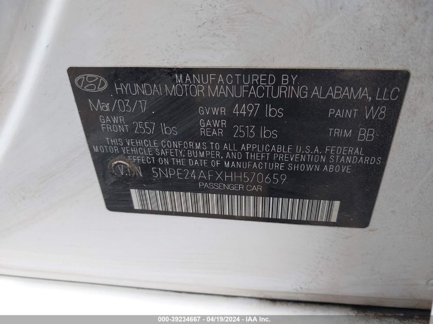 2017 Hyundai Sonata Se VIN: 5NPE24AFXHH570659 Lot: 39234667