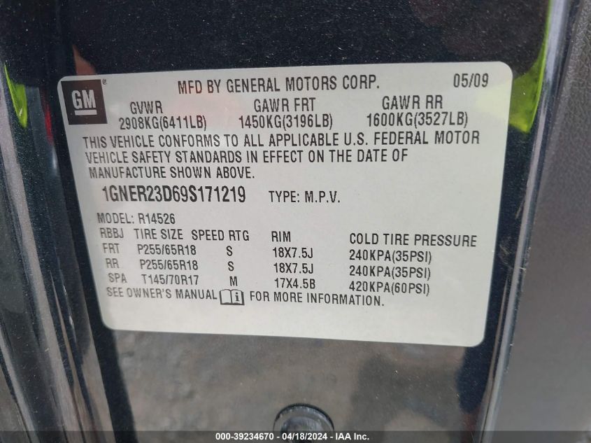 2009 Chevrolet Traverse Lt VIN: 1GNER23D69S171219 Lot: 39254136