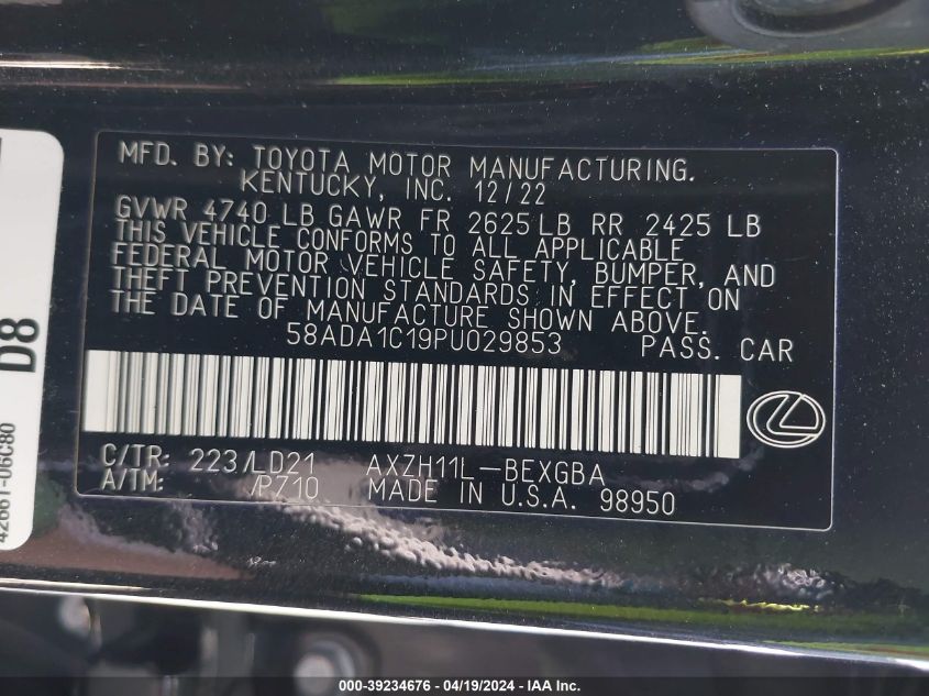 2023 Lexus Es 300H VIN: 58ADA1C19PU029853 Lot: 39234676
