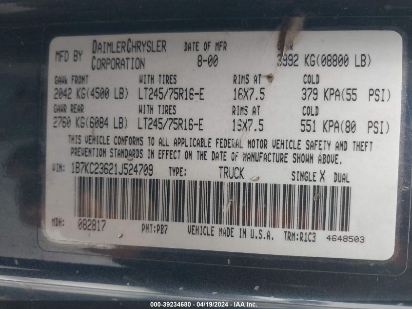 2001 Dodge Ram 2500 St VIN: 1B7KC23621J524709 Lot: 39234680