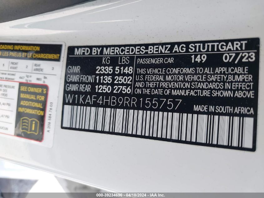 2024 Mercedes-Benz C 300 VIN: W1KAF4HB9RR155757 Lot: 11978510