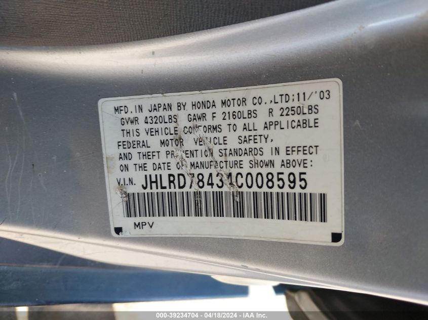 2004 Honda Cr-V Lx VIN: JHLRD78434C008595 Lot: 39234704