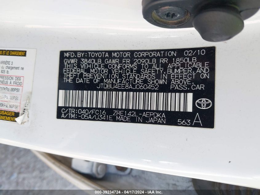 2010 Toyota Corolla Le VIN: JTDBU4EE8AJ060452 Lot: 39234724