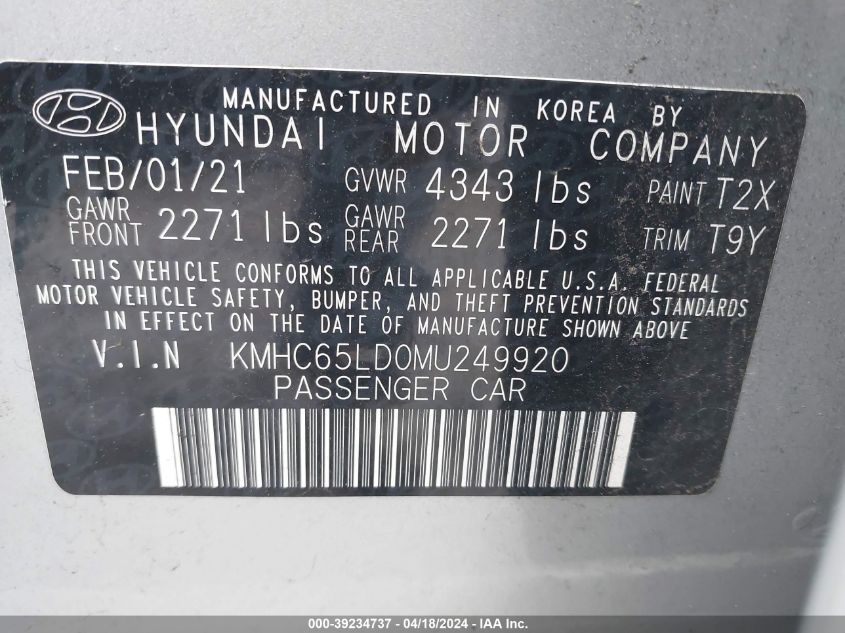 2021 Hyundai Ioniq Plug-In Hybrid Se VIN: KMHC65LD0MU249920 Lot: 39234737