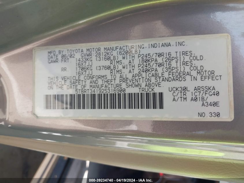 2002 Toyota Tundra Sr5 V8 VIN: 5TBRT34192S316900 Lot: 39234740