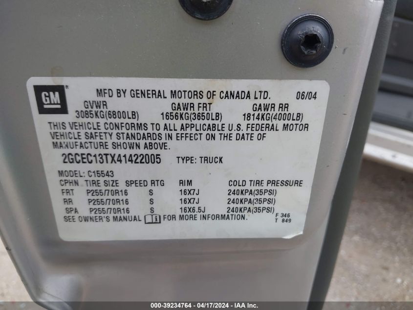2004 Chevrolet Silverado 1500 Ls VIN: 2GCEC13TX41422005 Lot: 39234764