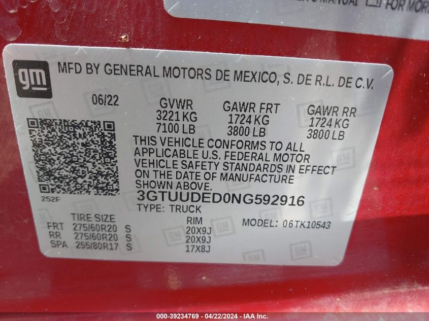 2022 GMC Sierra 1500 4Wd Short Box Slt VIN: 3GTUUDED0NG592916 Lot: 39234769