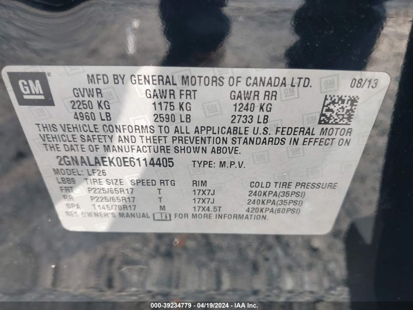 2014 Chevrolet Equinox Ls VIN: 2GNALAEK0E6114405 Lot: 39234779