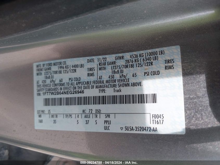 2022 Ford F-250 Xlt VIN: 1FT7W2B64NEG26946 Lot: 39234788