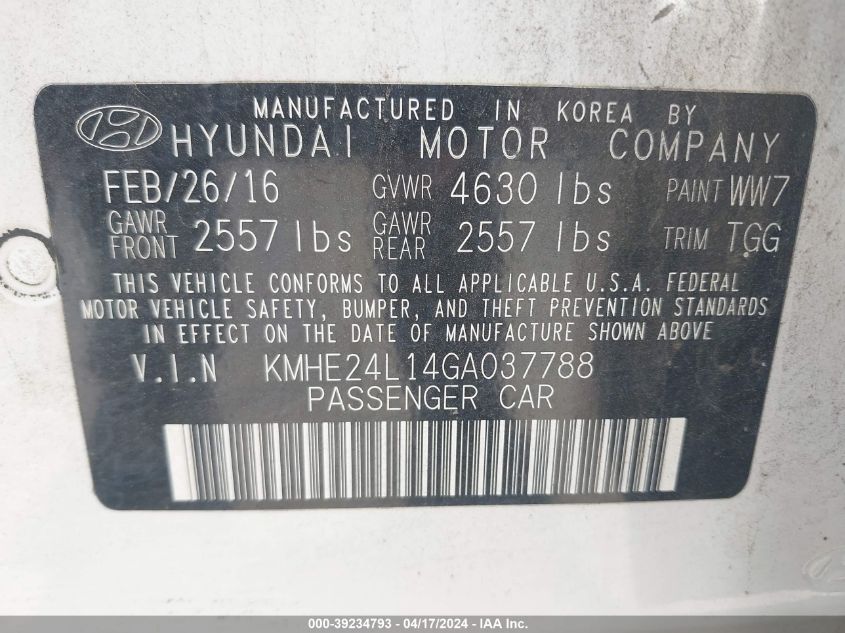 2016 Hyundai Sonata Hybrid Se VIN: KMHE24L14GA037788 Lot: 39218875