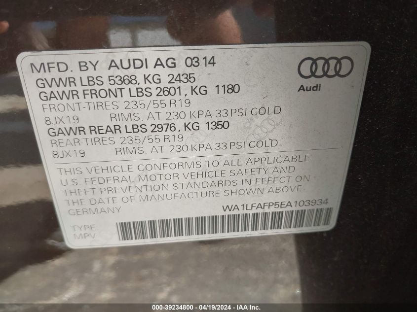 2014 Audi Q5 2.0T Premium VIN: WA1LFAFP5EA103934 Lot: 39234800