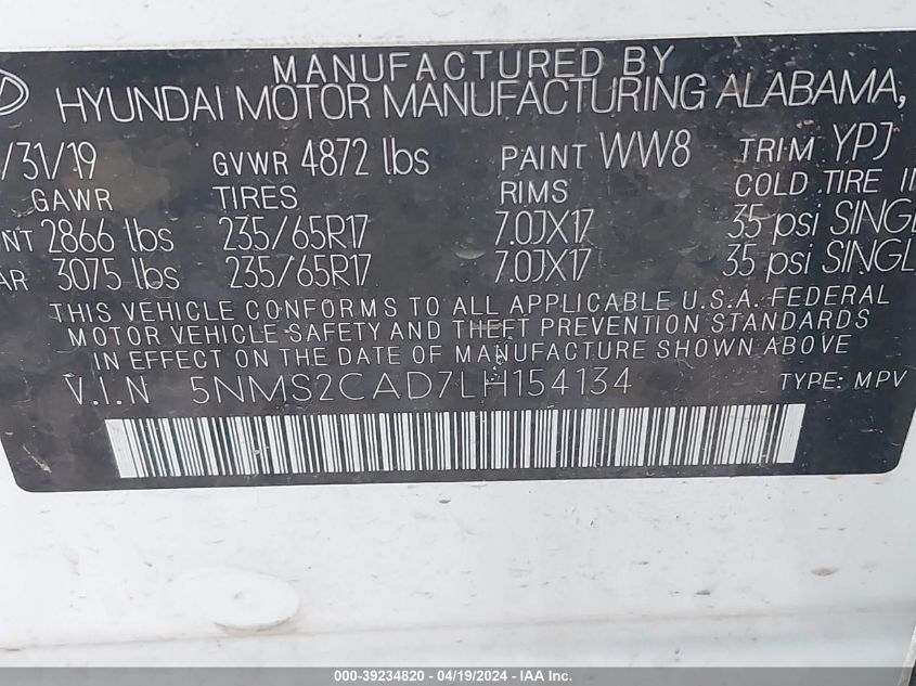 2020 Hyundai Santa Fe Se VIN: 5NMS2CAD7LH154134 Lot: 39234820