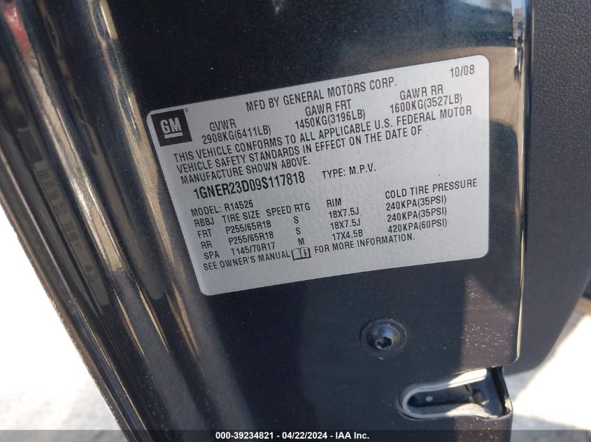 2009 Chevrolet Traverse Lt VIN: 1GNER23D09S117818 Lot: 49292284