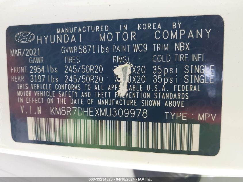 2021 Hyundai Palisade Calligraphy VIN: KM8R7DHEXMU309978 Lot: 39234828