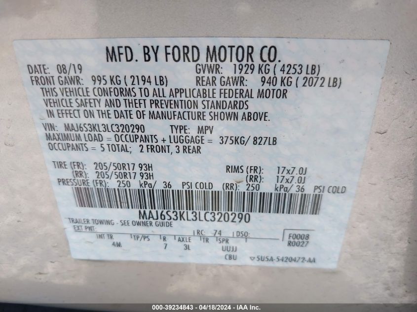 2020 Ford Ecosport Titanium VIN: MAJ6S3KL3LC320290 Lot: 39234843