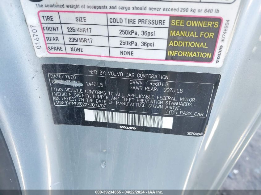 2007 Volvo C70 T5 VIN: YV1MC682X7J016707 Lot: 39234855