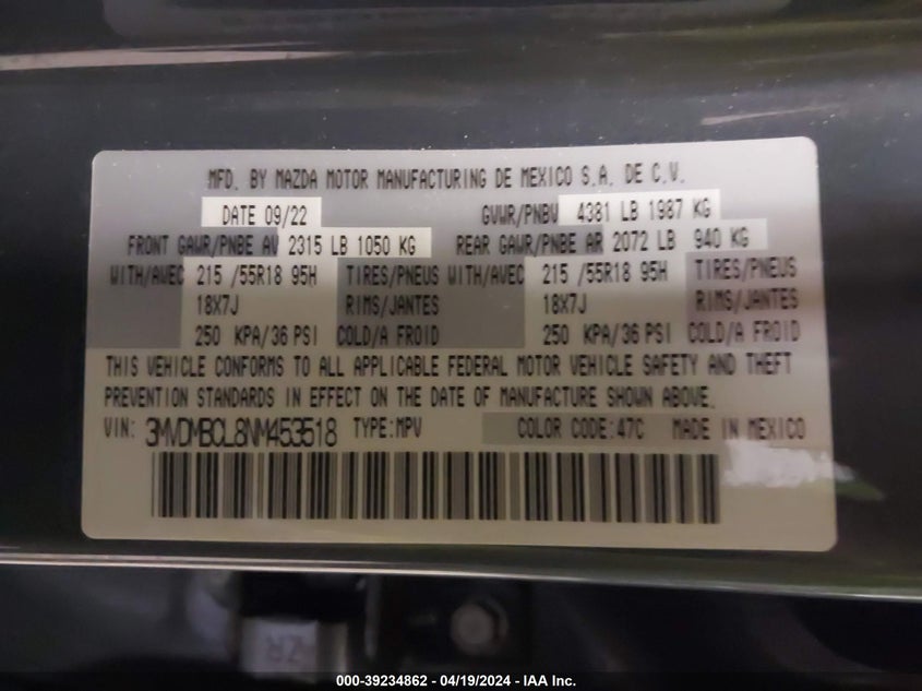 VIN 3MVDMBCL8NM453518 2022 MAZDA CX-30 CARBON EDITION