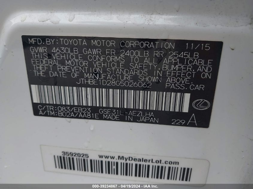 2016 Lexus Is 350 VIN: JTHBE1D28G5026062 Lot: 39234867