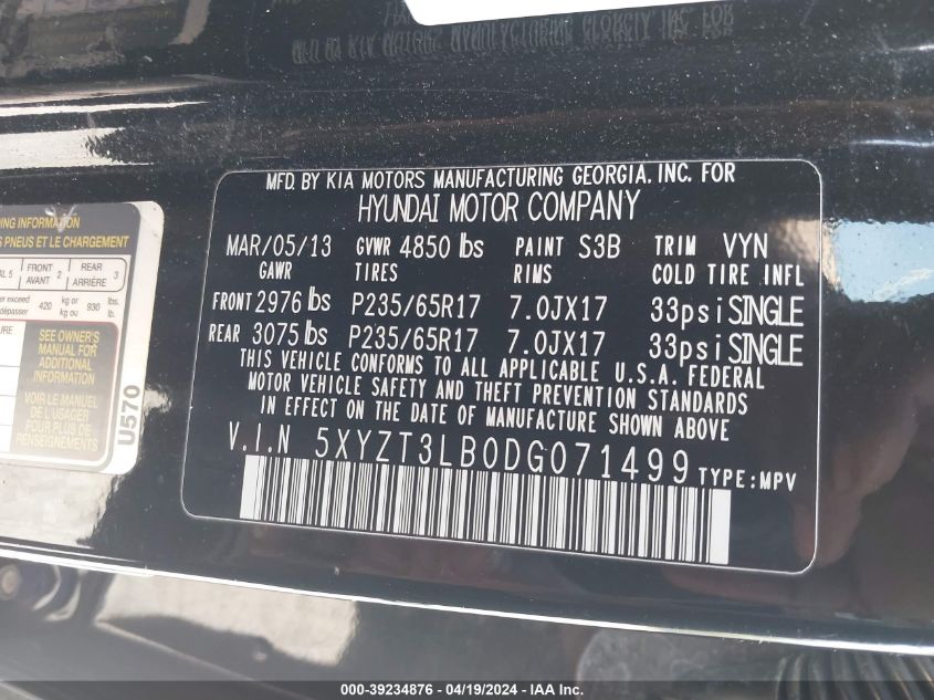 2013 Hyundai Santa Fe Sport VIN: 5XYZT3LB0DG071499 Lot: 39234876