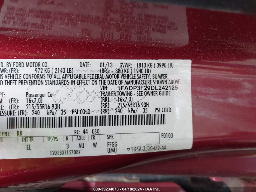 2013 Ford Focus Se VIN: 1FADP3F29DL242125 Lot: 39234878