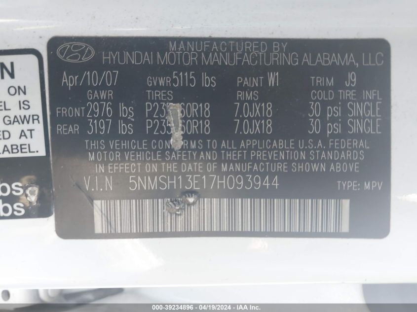 2007 Hyundai Santa Fe Limited/Se VIN: 5NMSH13E17H093944 Lot: 39234896