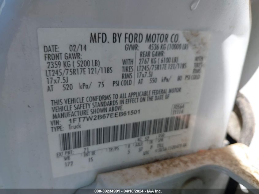 2014 Ford F-250 Xl VIN: 1FT7W2B67EEB61501 Lot: 39234901