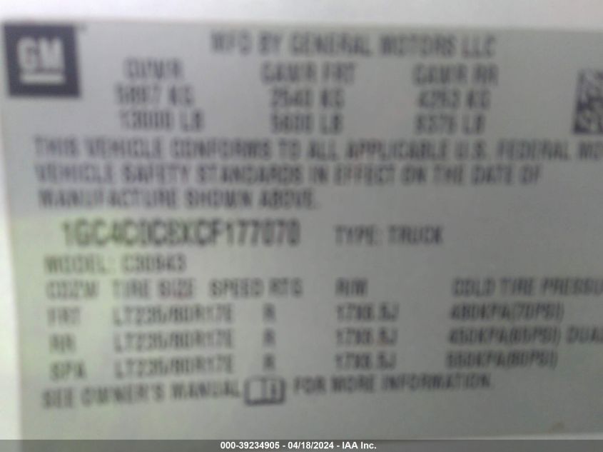 2012 Chevrolet Silverado 3500Hd Lt VIN: 1GC4C0C8XCF177070 Lot: 39234905