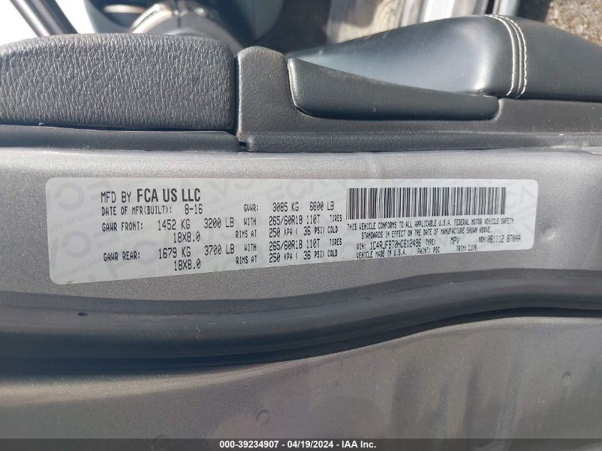 2017 Jeep Grand Cherokee Limited 4X4 VIN: 1C4RJFBT0HC612496 Lot: 39234907