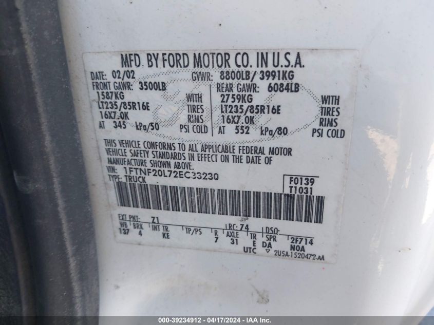 2002 Ford F-250 Xl/Xlt VIN: 1FTNF20L72EC33230 Lot: 39234912