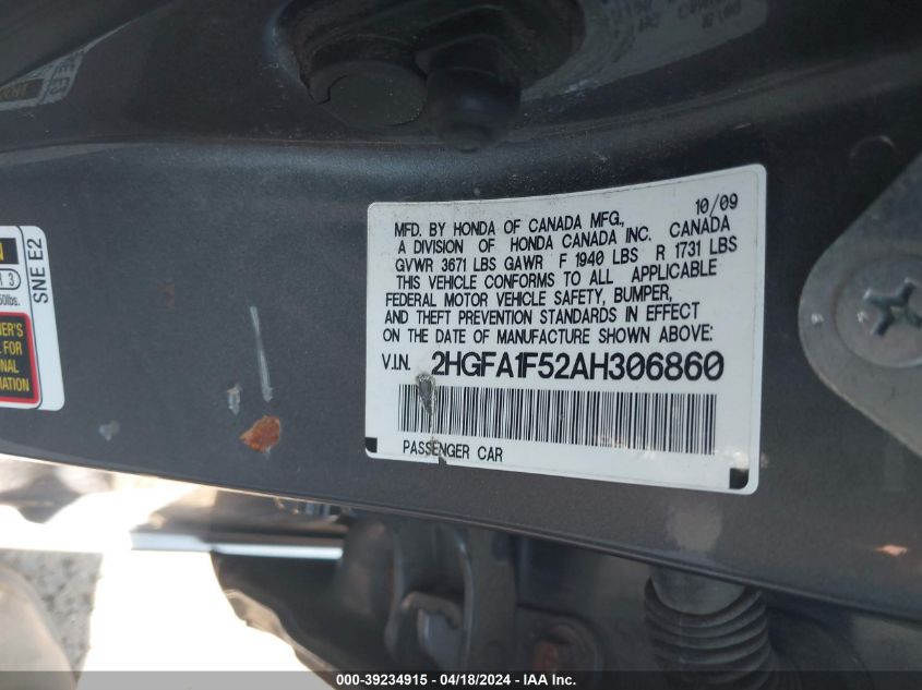 2010 Honda Civic Lx VIN: 2HGFA1F52AH306860 Lot: 39234915