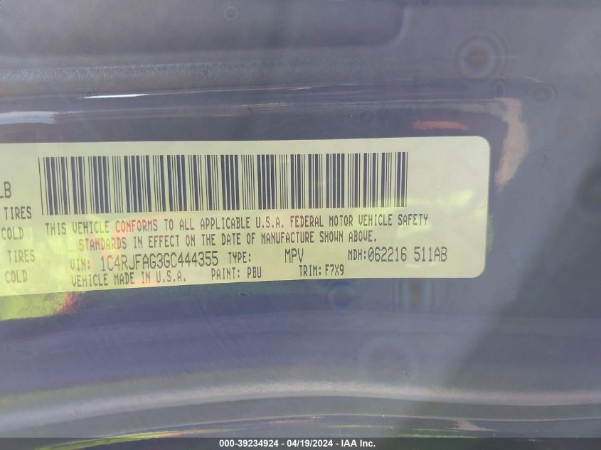 2016 Jeep Grand Cherokee Laredo VIN: 1C4RJFAG3GC444355 Lot: 39234924