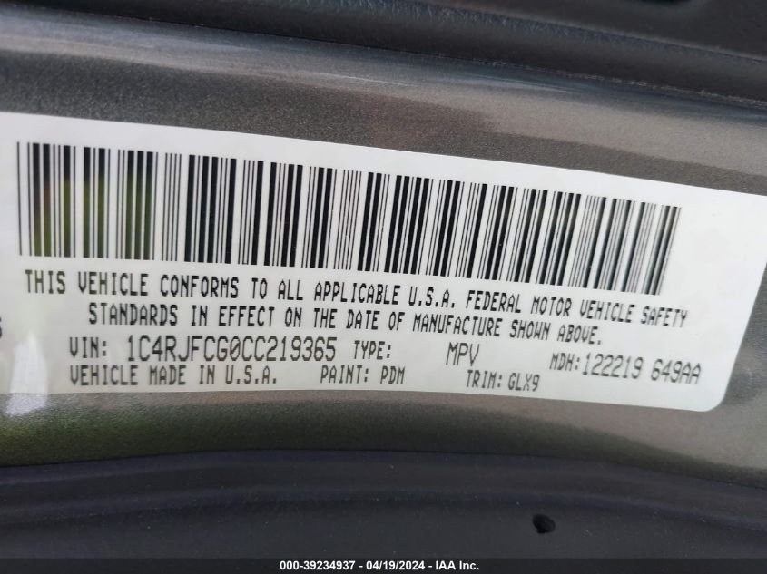 2012 Jeep Grand Cherokee Overland VIN: 1C4RJFCG0CC219365 Lot: 39234937