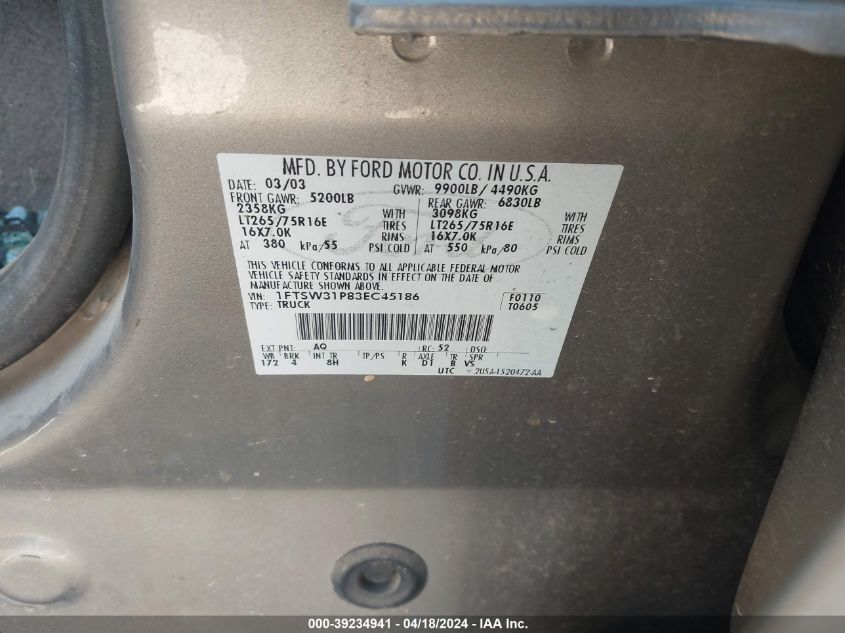 2003 Ford F-350 Lariat/Xl/Xlt VIN: 1FTSW31P83EC45186 Lot: 39234941