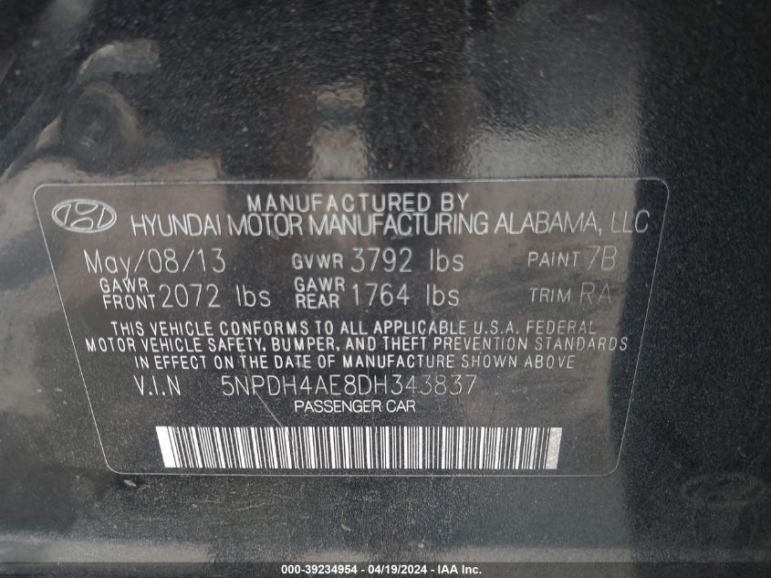 2013 Hyundai Elantra Gls/Limited VIN: 5NPDH4AE8DH343837 Lot: 39234954