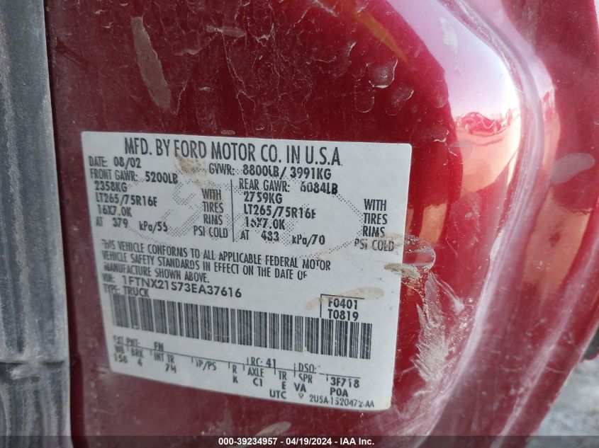2003 Ford F-250 Lariat/Xl/Xlt VIN: 1FTNX21S73EA37616 Lot: 39234957