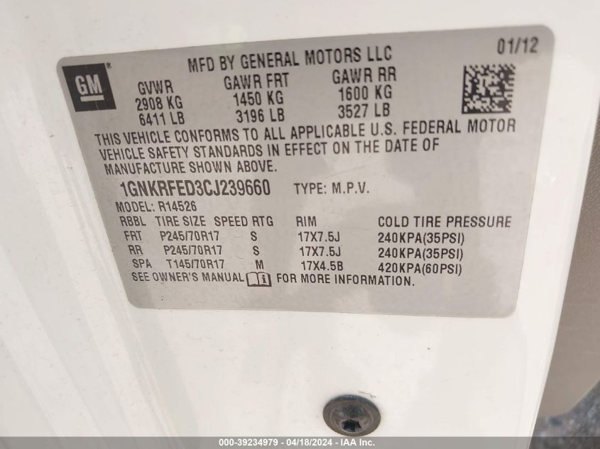 2012 Chevrolet Traverse Ls VIN: 1GNKRFED3CJ239660 Lot: 11983452