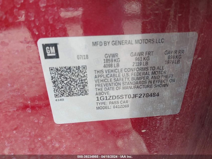 2018 Chevrolet Malibu Lt VIN: 1G1ZD5ST0JF278484 Lot: 39234985