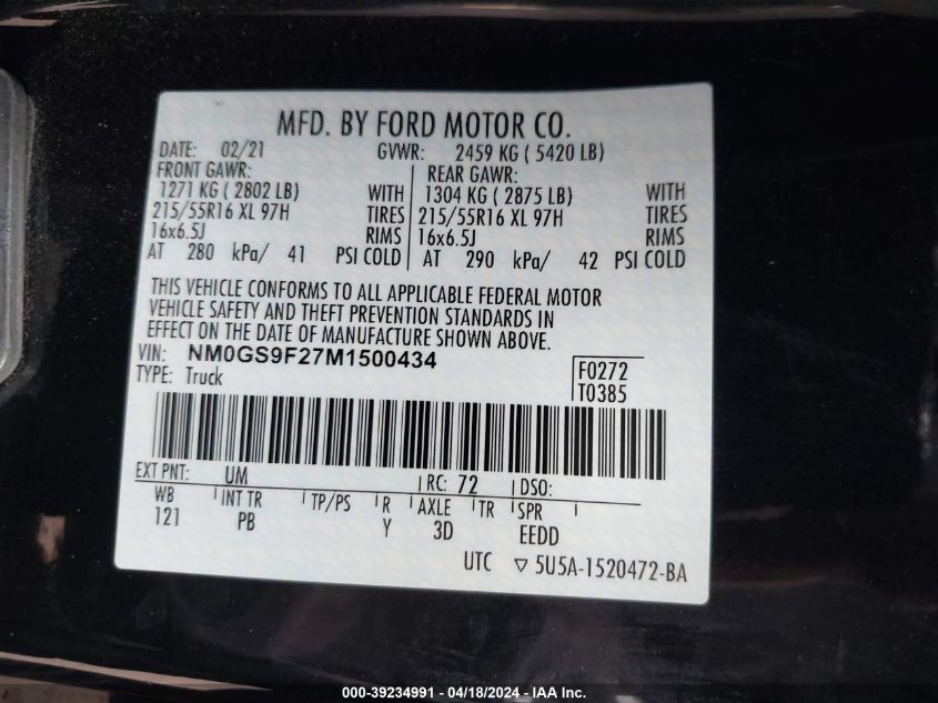 2021 Ford Transit Connect Xlt Passenger VIN: NM0GS9F27M1500434 Lot: 39234991