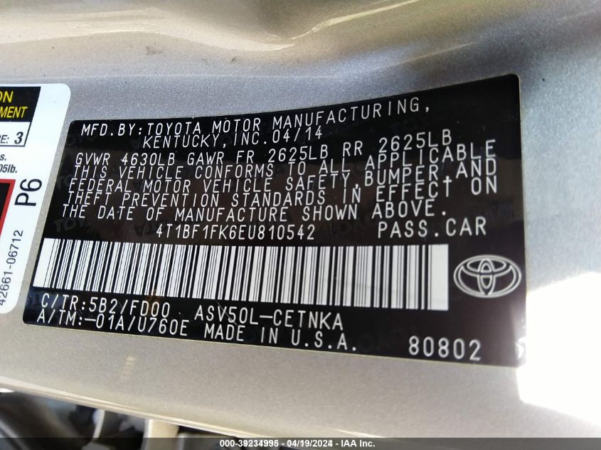 2014 Toyota Camry Le VIN: 4T1BF1FK6EU810542 Lot: 39234995