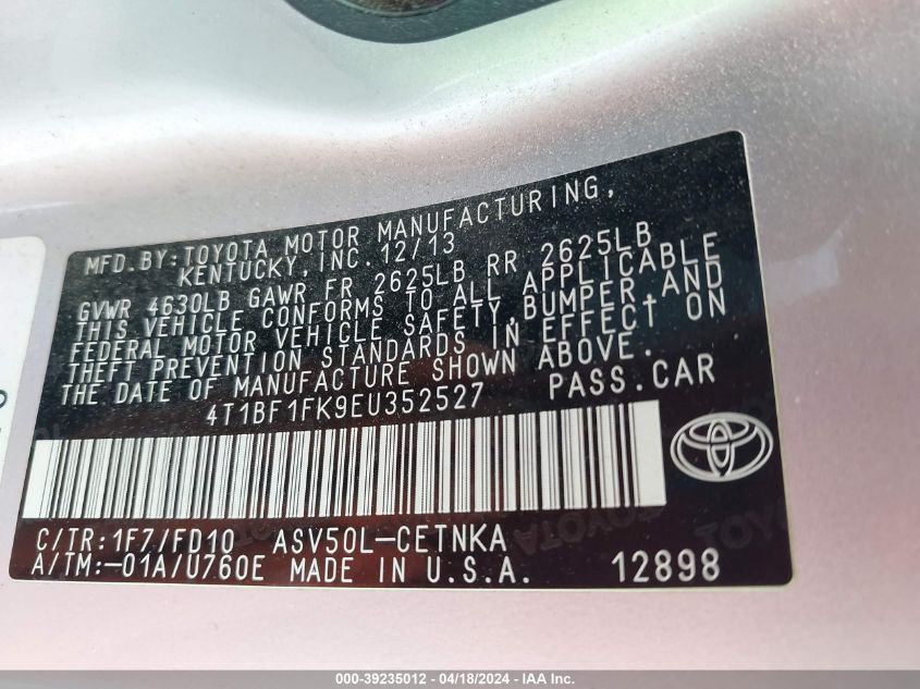 2014 Toyota Camry Le VIN: 4T1BF1FK9EU352527 Lot: 39235012