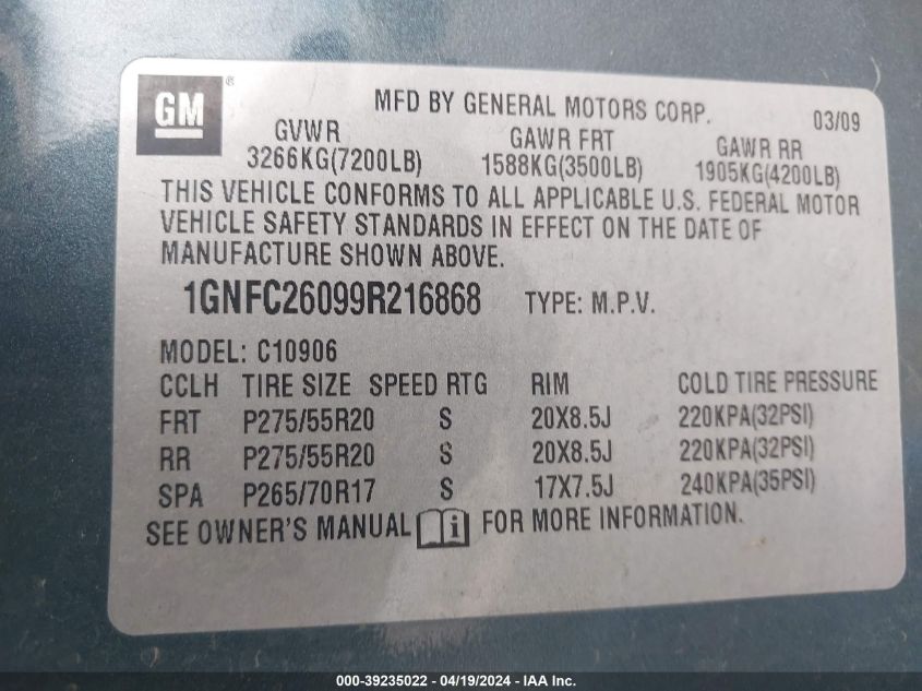 2009 Chevrolet Suburban 1500 Lt2 VIN: 1GNFC26099R216868 Lot: 39235022