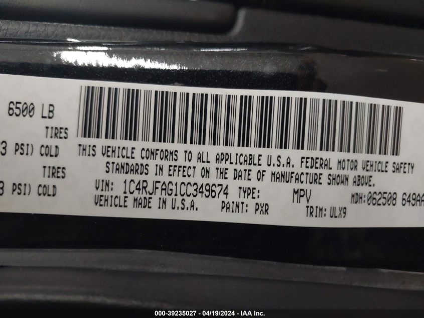 2012 Jeep Grand Cherokee Laredo VIN: 1C4RJFAG1CC349674 Lot: 39235027