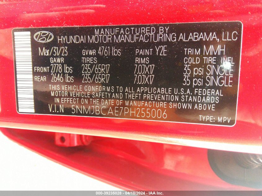 2023 Hyundai Tucson Sel VIN: 5NMJBCAE7PH255006 Lot: 39235028