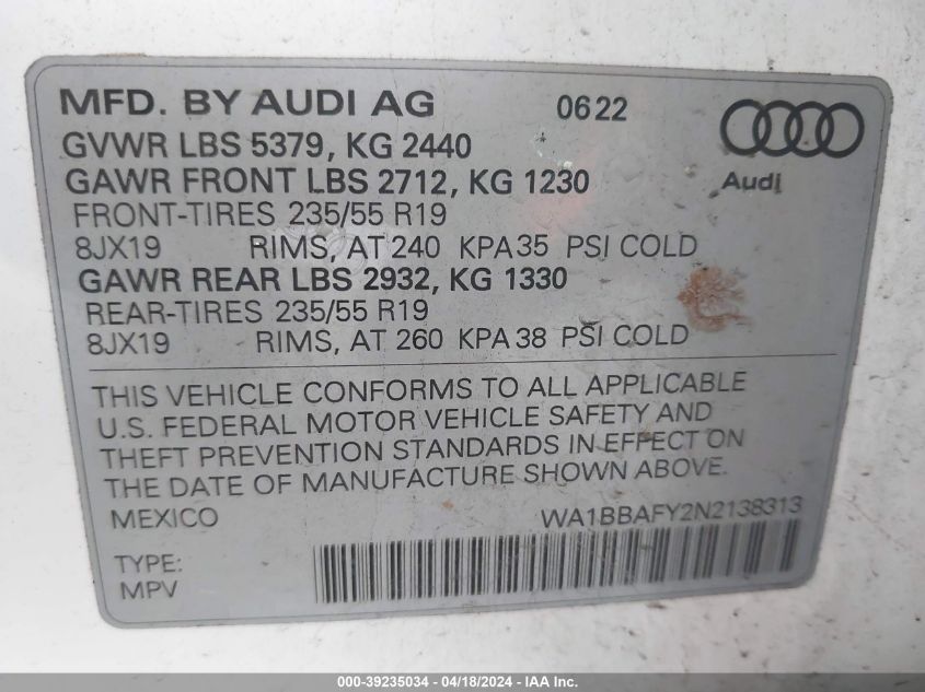 2022 Audi Q5 Premium Plus 40 Tfsi Quattro S Tronic VIN: WA1BBAFY2N2138313 Lot: 51671524