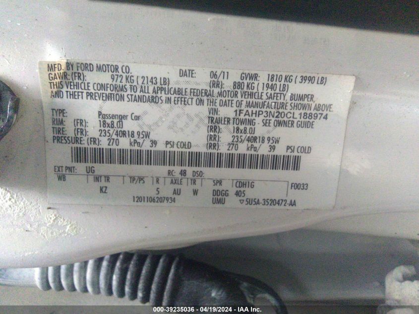 2012 Ford Focus Titanium VIN: 1FAHP3N20CL188974 Lot: 39235036