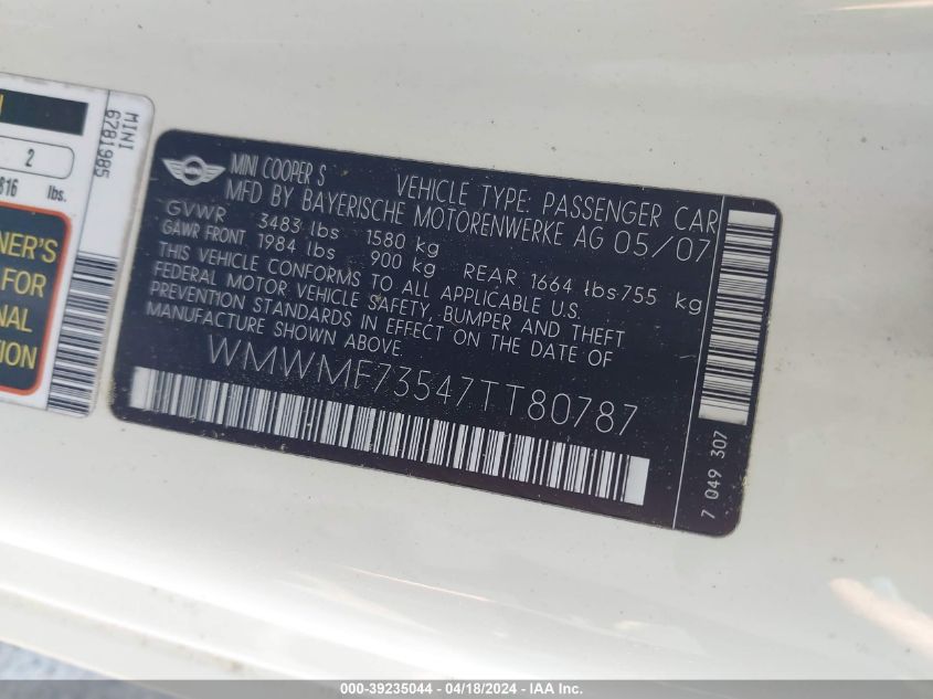 2007 Mini Cooper S VIN: WMWMF73547TT80787 Lot: 39235044