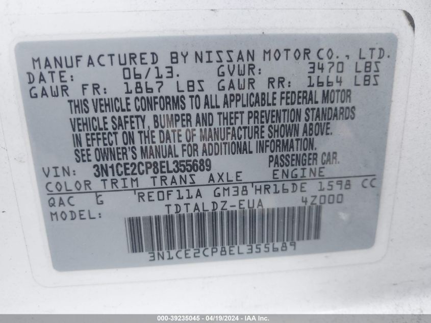 2014 Nissan Versa Note Sv VIN: 3N1CE2CP8EL355689 Lot: 39235045