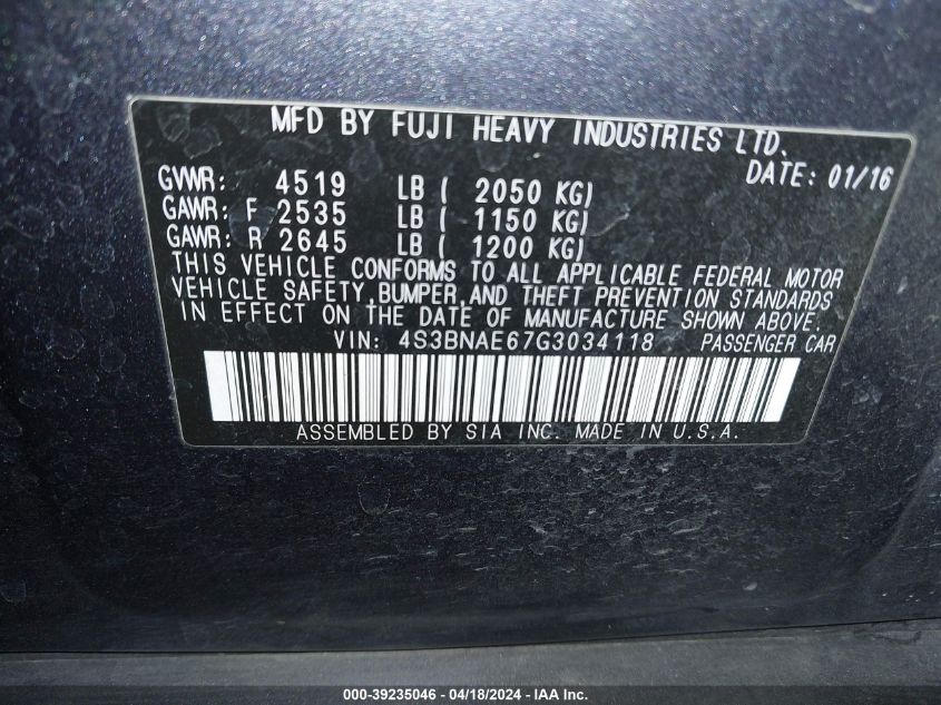 2016 Subaru Legacy 2.5I Premium VIN: 4S3BNAE67G3034118 Lot: 39235046