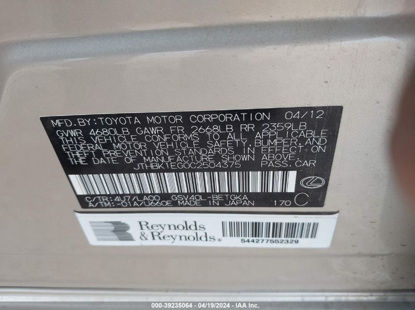 2012 Lexus Es 350 VIN: JTHBK1EG0C2504375 Lot: 39235064